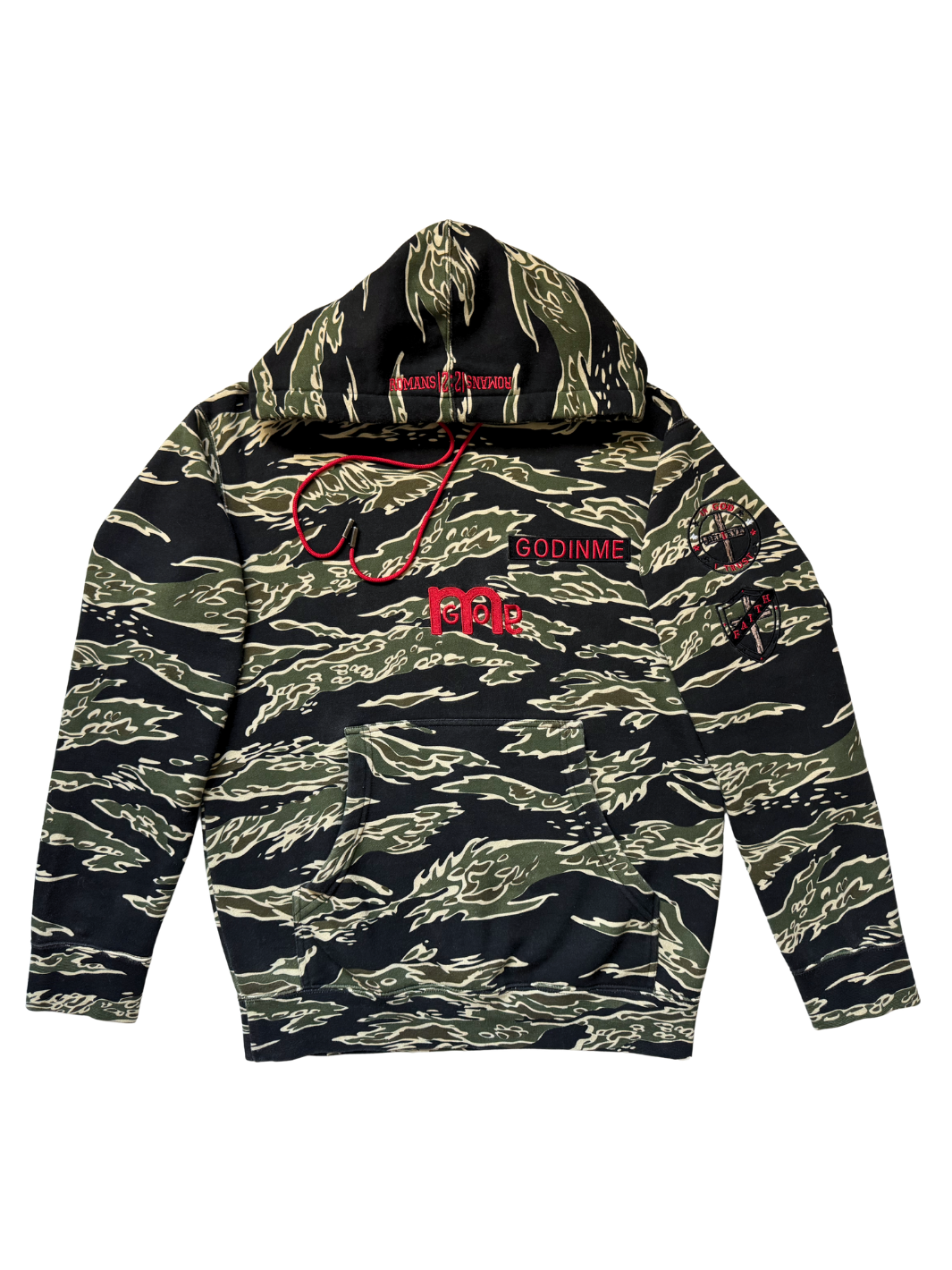 Flat display of a Black and olive Green tiger stripe camouflage hoodie with red embroidered GODinme nameplate and large GODinme logo mid chest.