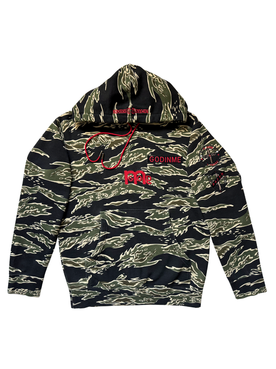 Flat display of a Black and olive Green tiger stripe camouflage hoodie with red embroidered GODinme nameplate and large GODinme logo mid chest.