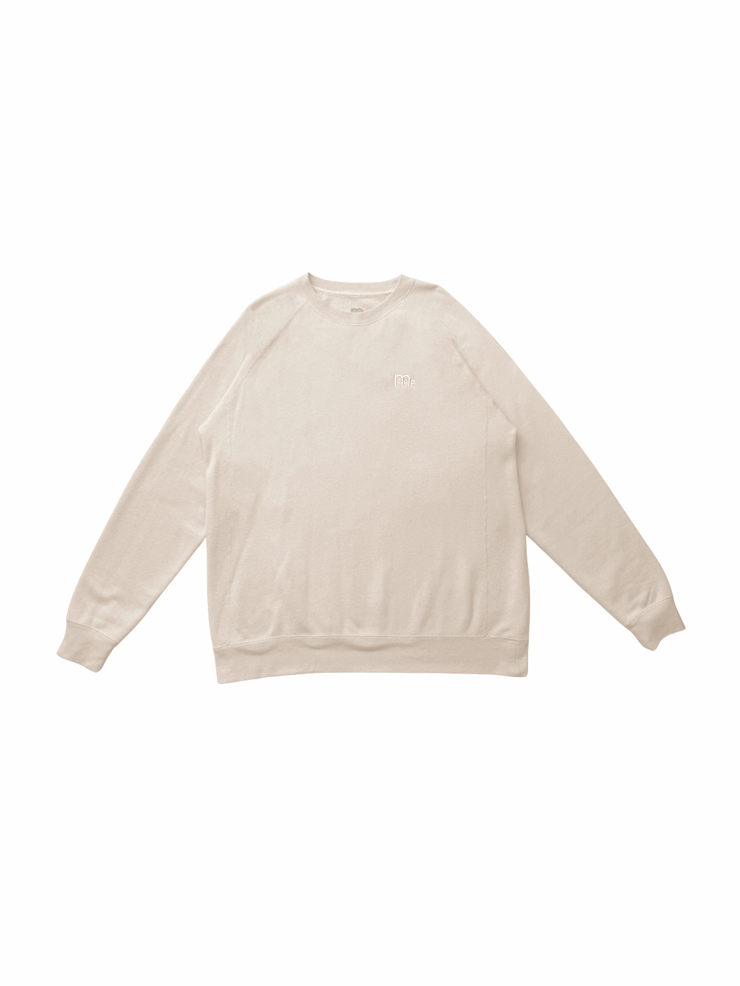 flat lay of creme color crewneck sweater with same tone color GODinme logo at left chest