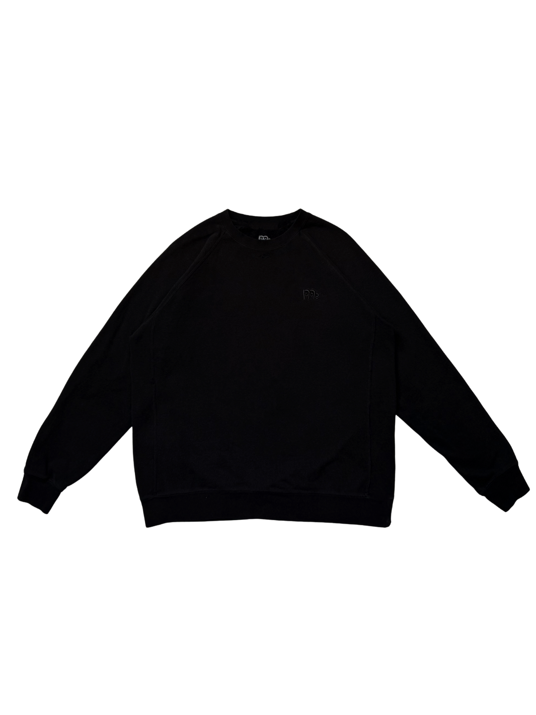 flat lay of long sleeve Black Crewneck Sweater with black GODinme logo on front left side of chest.