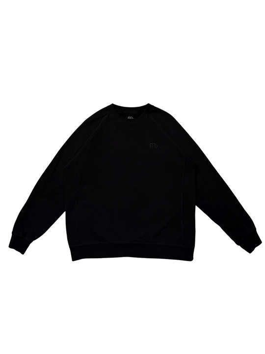 flat lay of long sleeve Black Crewneck Sweater with black GODinme logo on front left side of chest.
