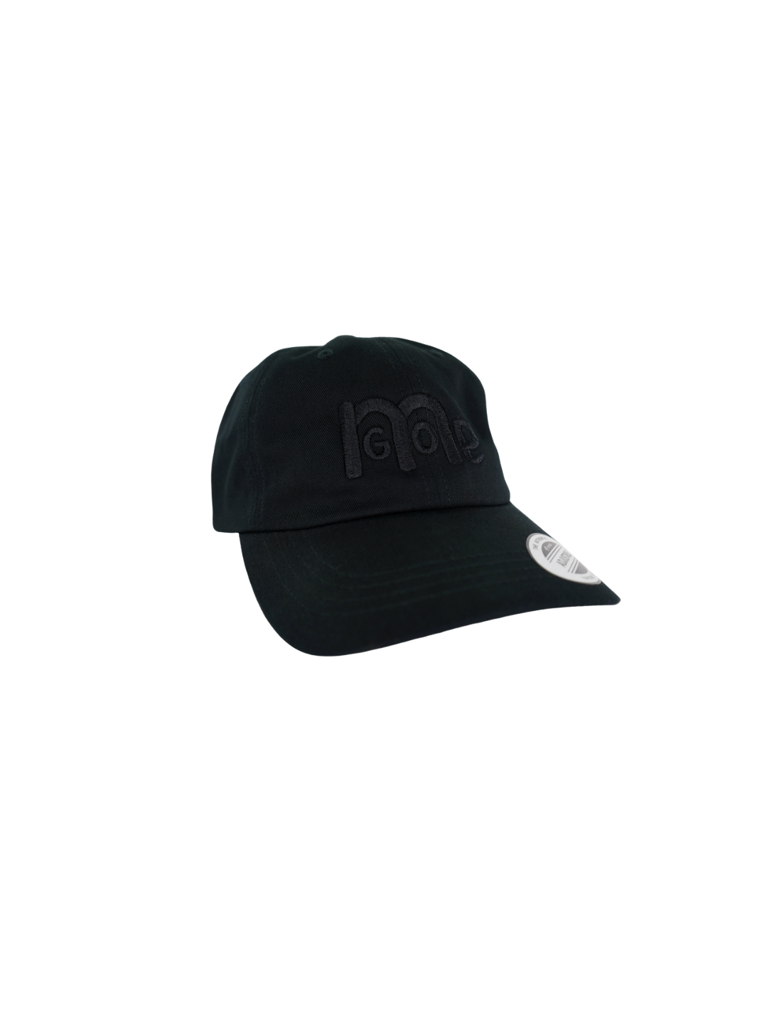 The forever popular Black 6 panel unstructured Dad Hat has Black curved under visor and antique Brass buckle closure. Embroidered in Black is the GODinme Logo on front and GODinme name on left side.
