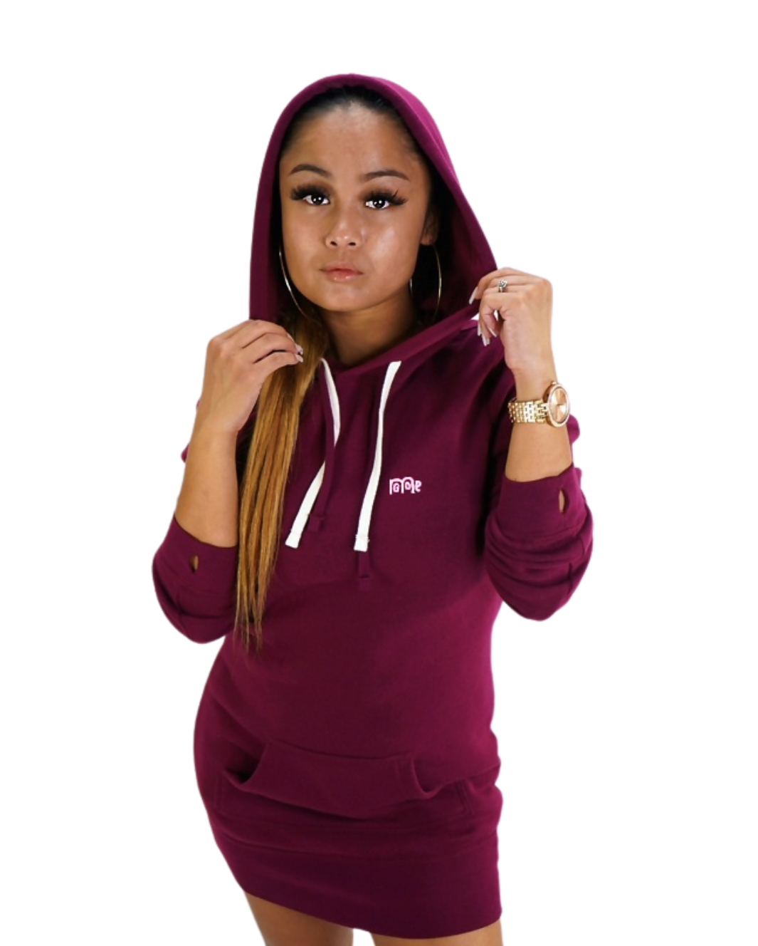 Burgundy GODinme Hoodie Dress made with superior quality of luxurious materials: Featuring our signature creme embroidered GODinme logo, two drawcords, and thumb hole cuff sleeves.