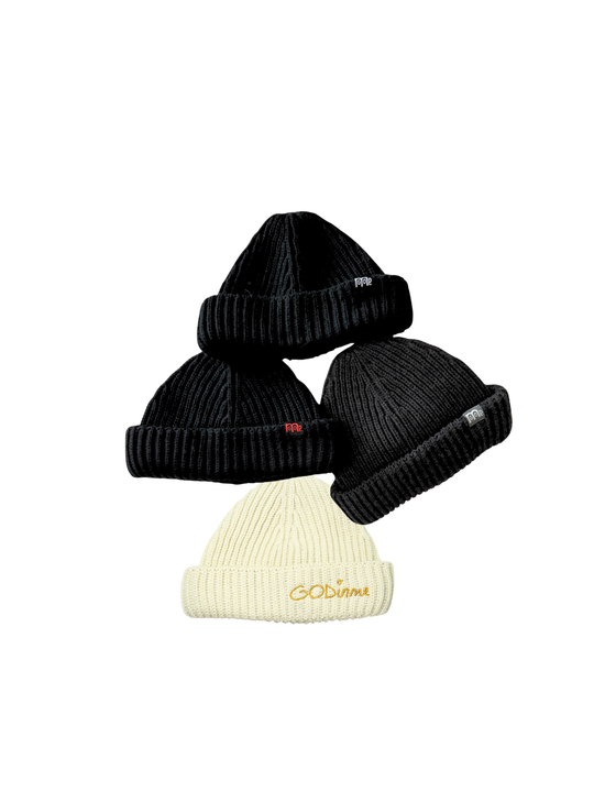 Christian Faith-based Fishermen beanies in Black, Beige, and Grey: GODinme embroidery or tag logo attached.
