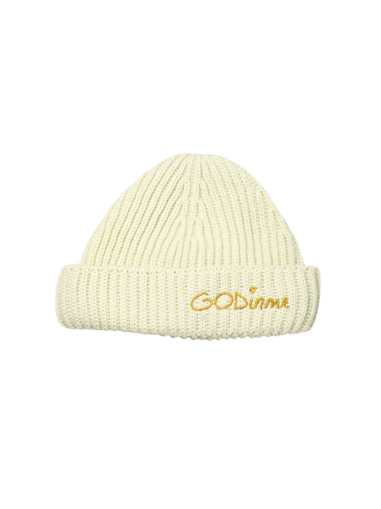 Beige knit Christian beanie with gold GODinme embroidered on cuff.