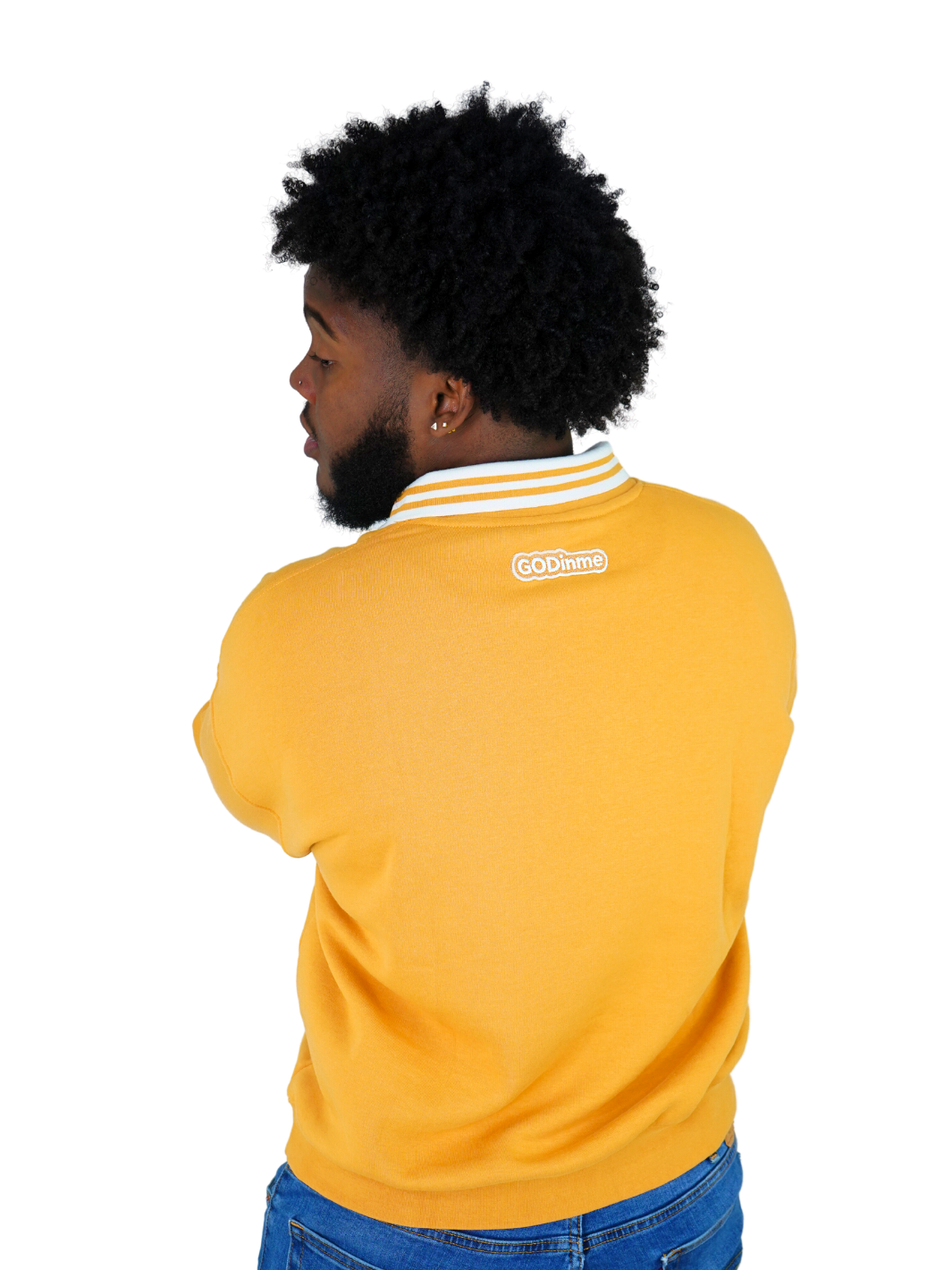 Incredibly comfortable and stylish Oversized Collared Crewneck in Gold with attached collar. The GODinme patches on front and back represent your Faith boldly.