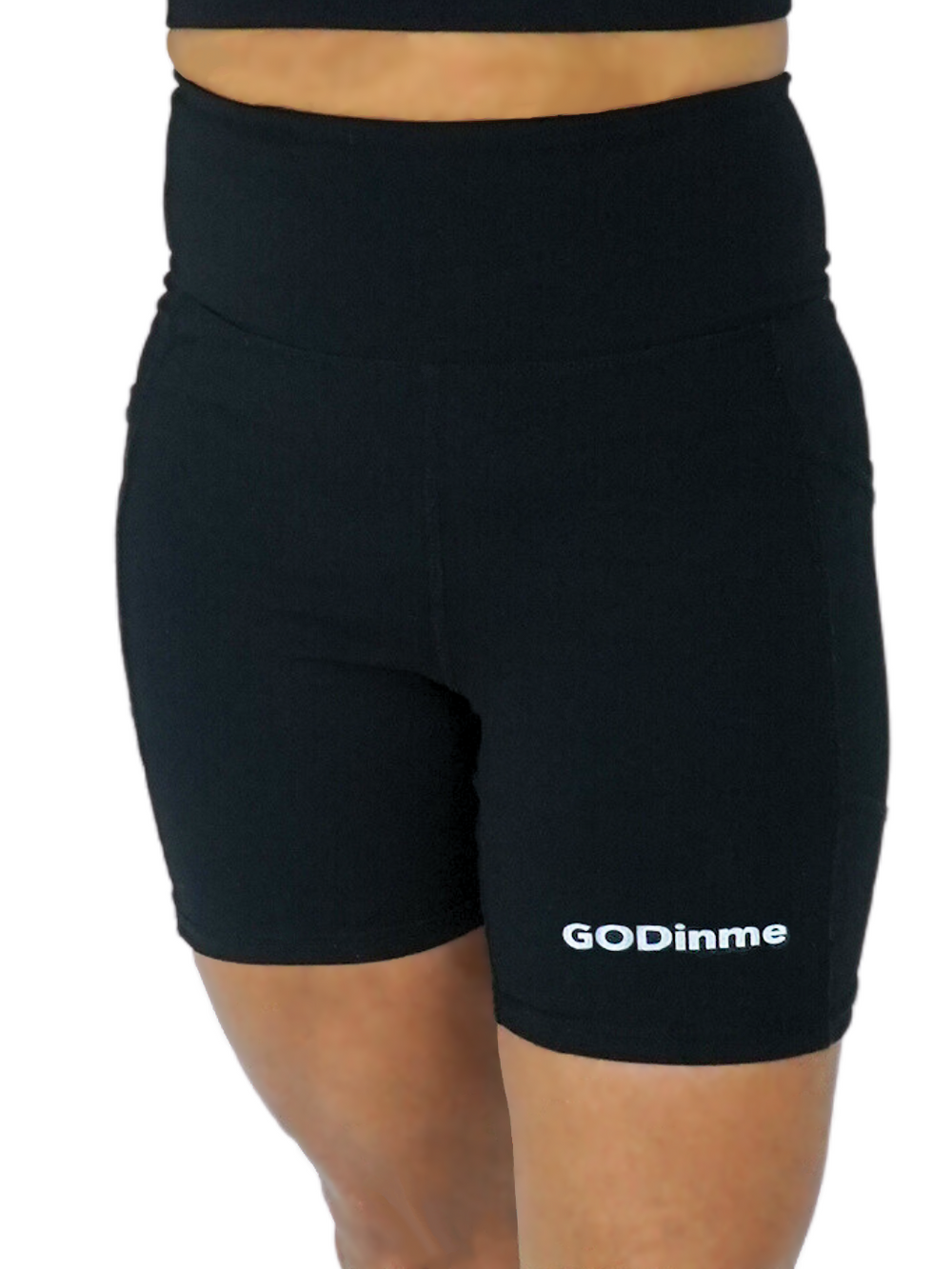 High waist ab support, Bermuda length, Biker shorts, Black color with GODinme brand name printed on left leg