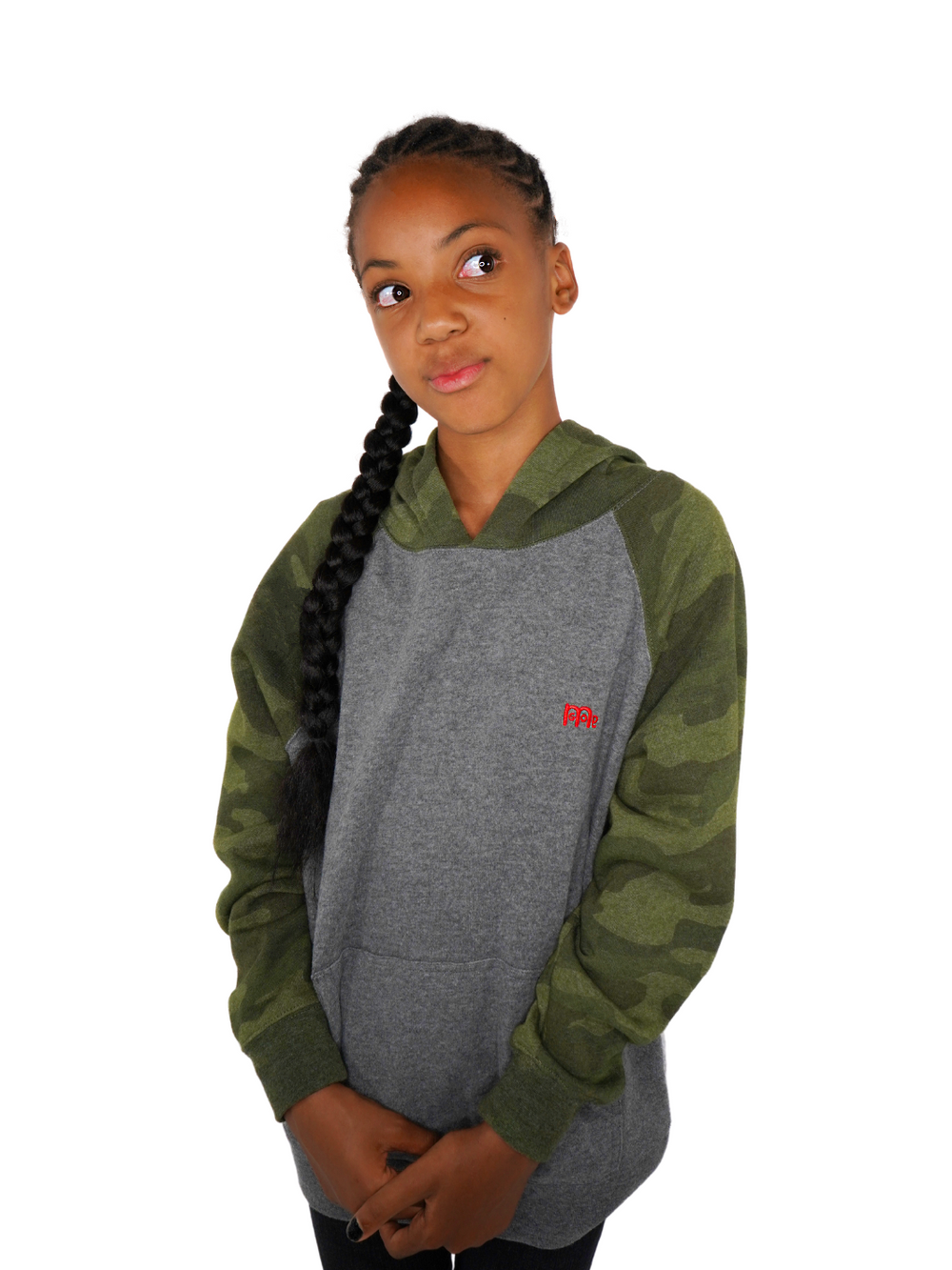 Youth Hoodie light Grey body with Green Camouflage hood and sleeves. Red logo at left chest and Romans 12 : 21 on hood. Sizes 6 to 16