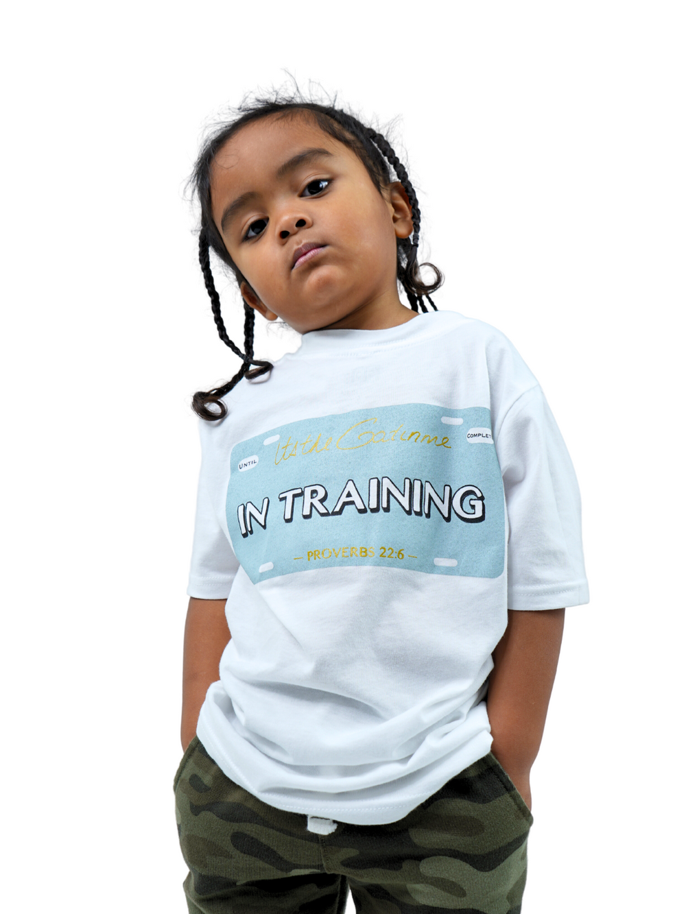 White T-shirt with "In Training" and Proverbs 22:6 printed within license plate design on back and woven GODinme tag attached to bottom front 