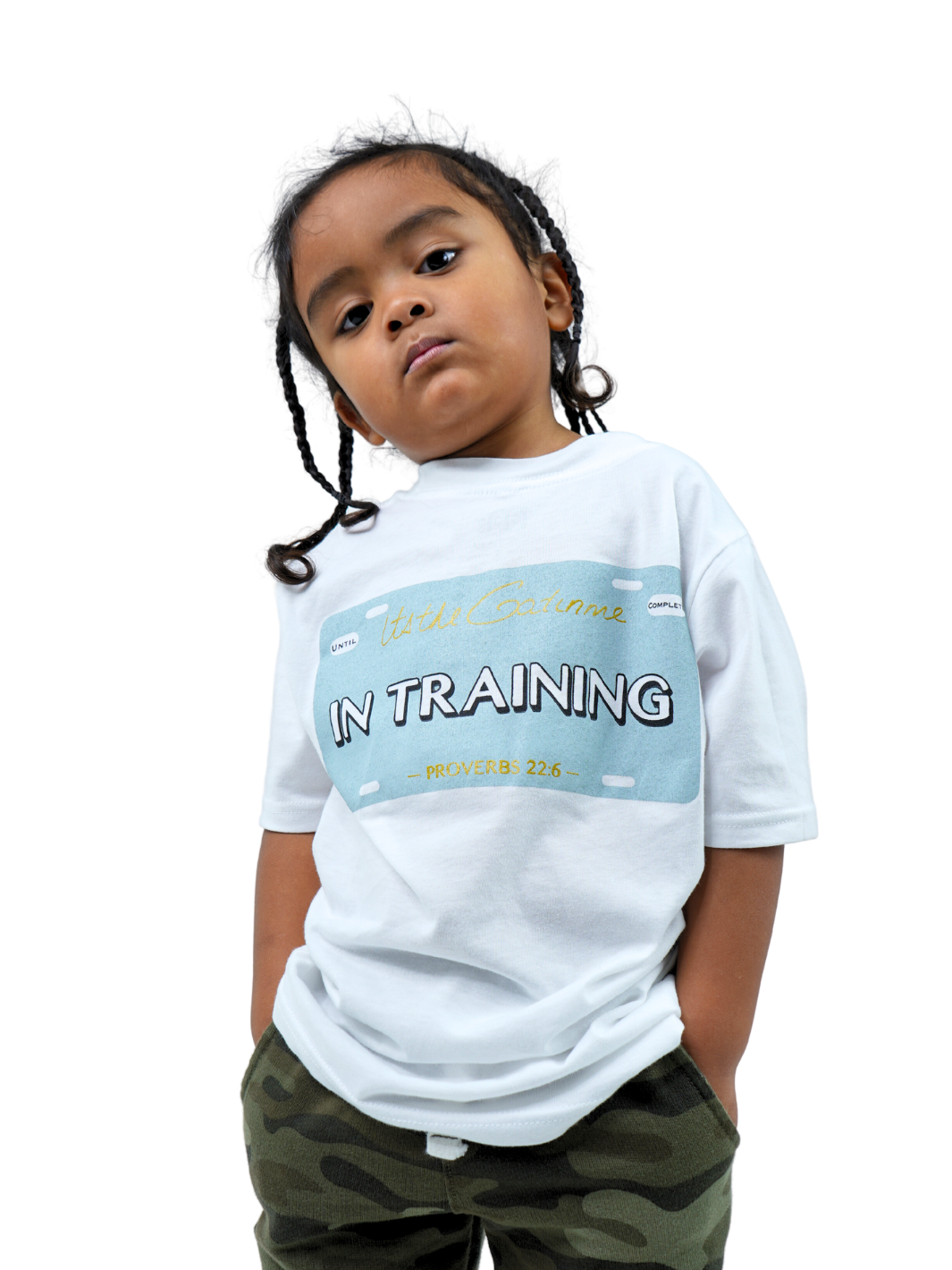White T-shirt with "In Training" and Proverbs 22:6 printed within license plate design on back and woven GODinme tag attached to bottom front 