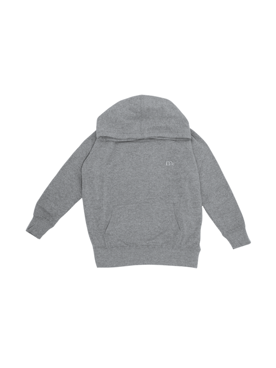 Grey Toddler hoodie with GODinme brand logo at left side upper chest