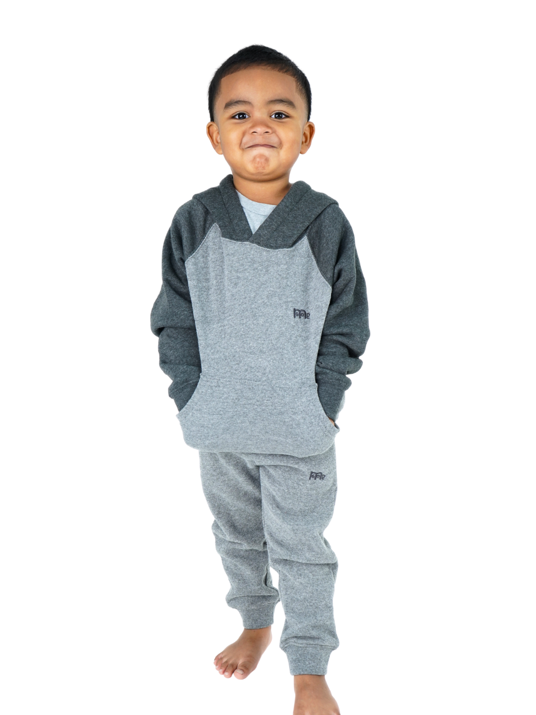 Toddler size Light Grey jogger Sweatpants with elastic waistband, sewn fly detail, jersey-lined front pockets, stylish back pocket, and Dark Grey GODinme logo.