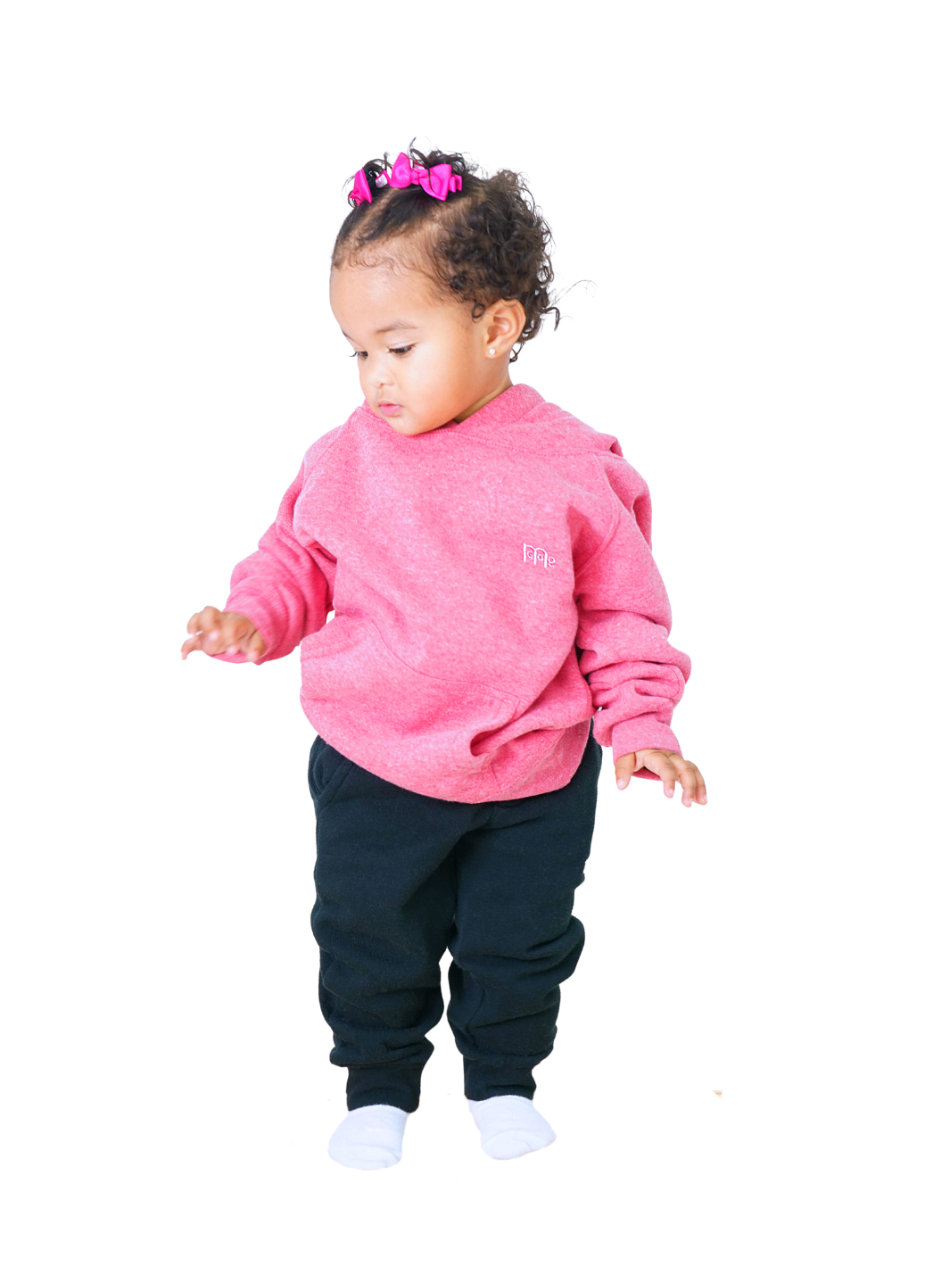 Toddler girl wearing pink pullover hoodie with raglan sleeves and GODinme logo 