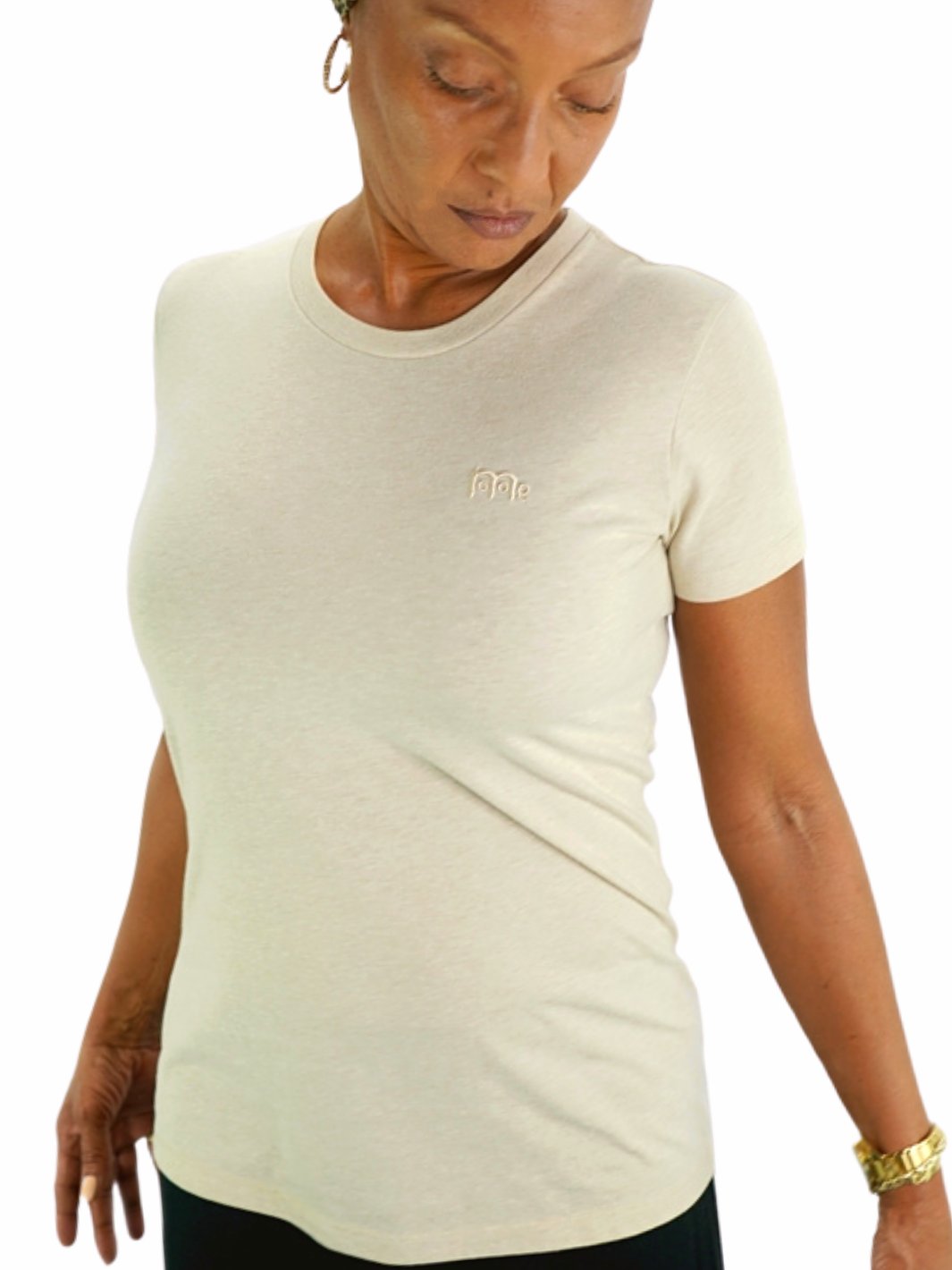 Women's Beige GODinme T-Shirt: Super soft, lightweight with feminine curve design, and matching Beige GODinme logo at left chest.