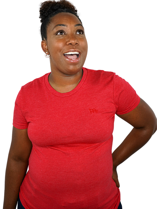 Women's Red GODinme T-Shirt: Super soft, lightweight with feminine curve design, and matching Red GODinme logo at left chest.