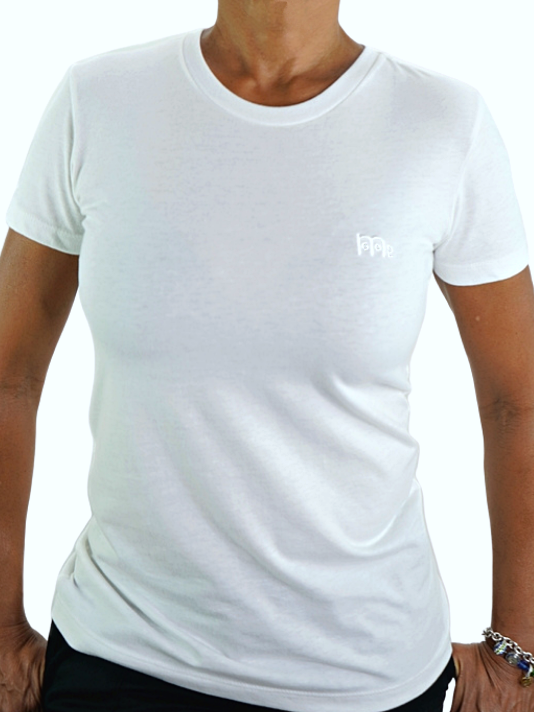 Women's White GODinme T-Shirt: Super soft, lightweight with feminine curve design, and matching White GODinme logo at left chest.