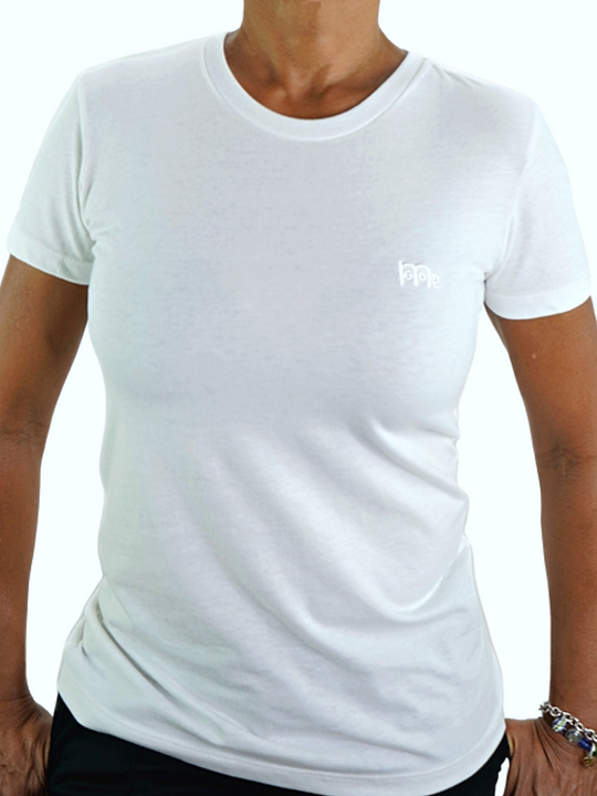 Women's White GODinme T-Shirt: Super soft, lightweight with feminine curve design, and matching White GODinme logo at left chest.
