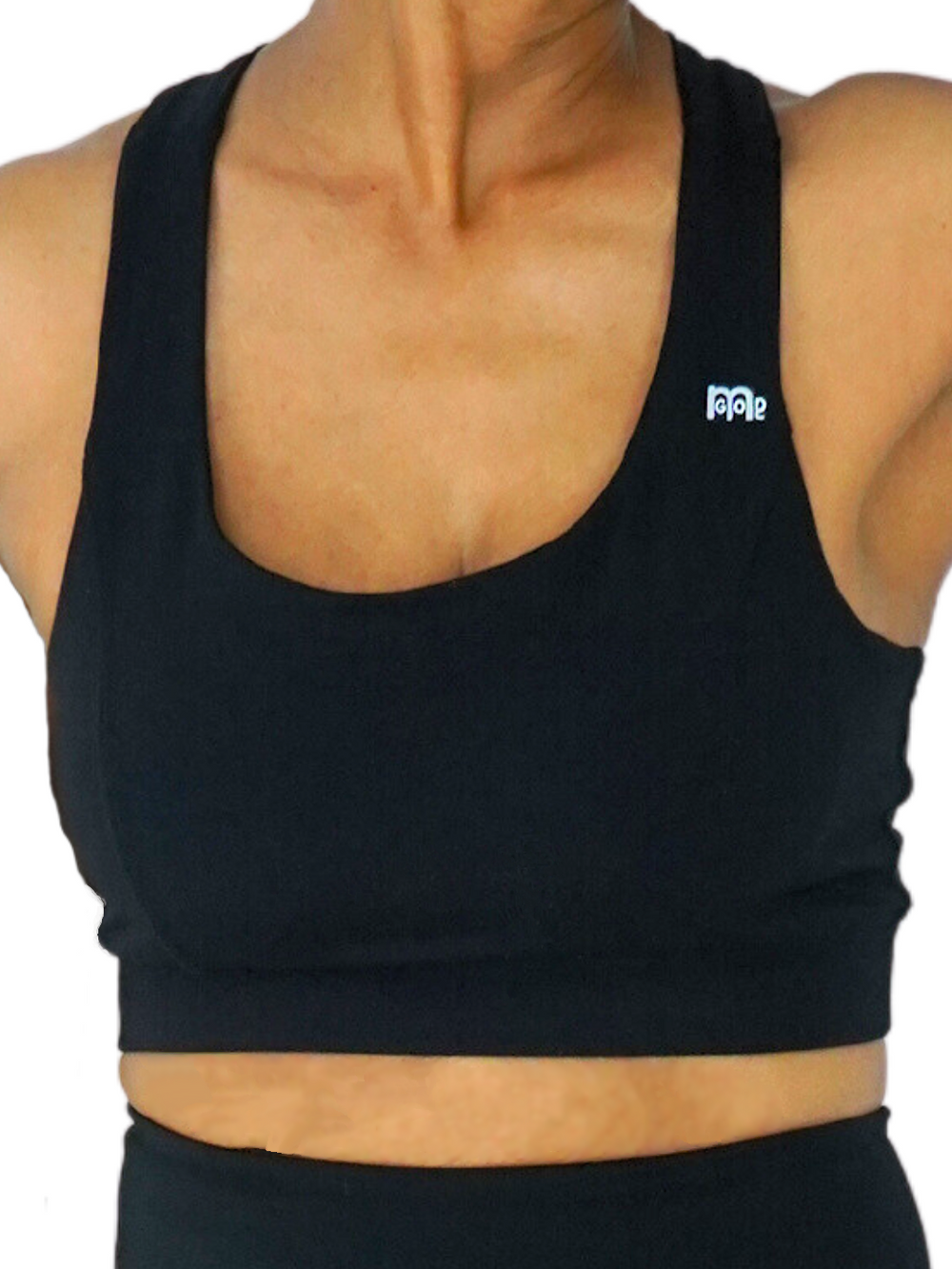 Black sports/workout bra with classic front straps and logo printed on left; Y-Back racer design for maximum support (GODinme printed in center); removable pads, moisture-wicking fabric for added comfort,  and four-way stretch allowing for full range of motion. 