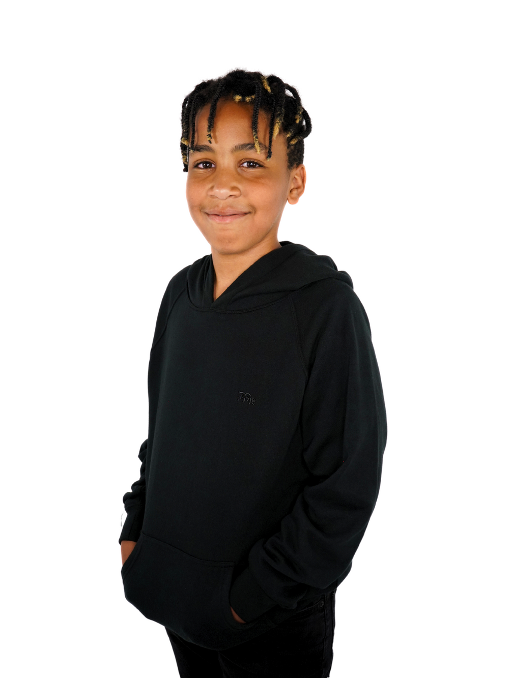 Youth wearing Christian Hoodie with same -tone Black logo at left chest.