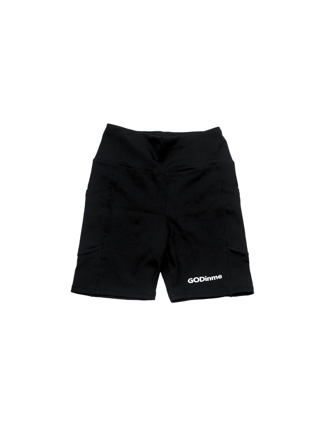 High waist ab support, Bermuda length, Biker shorts, Black color with GODinme brand name printed on left leg