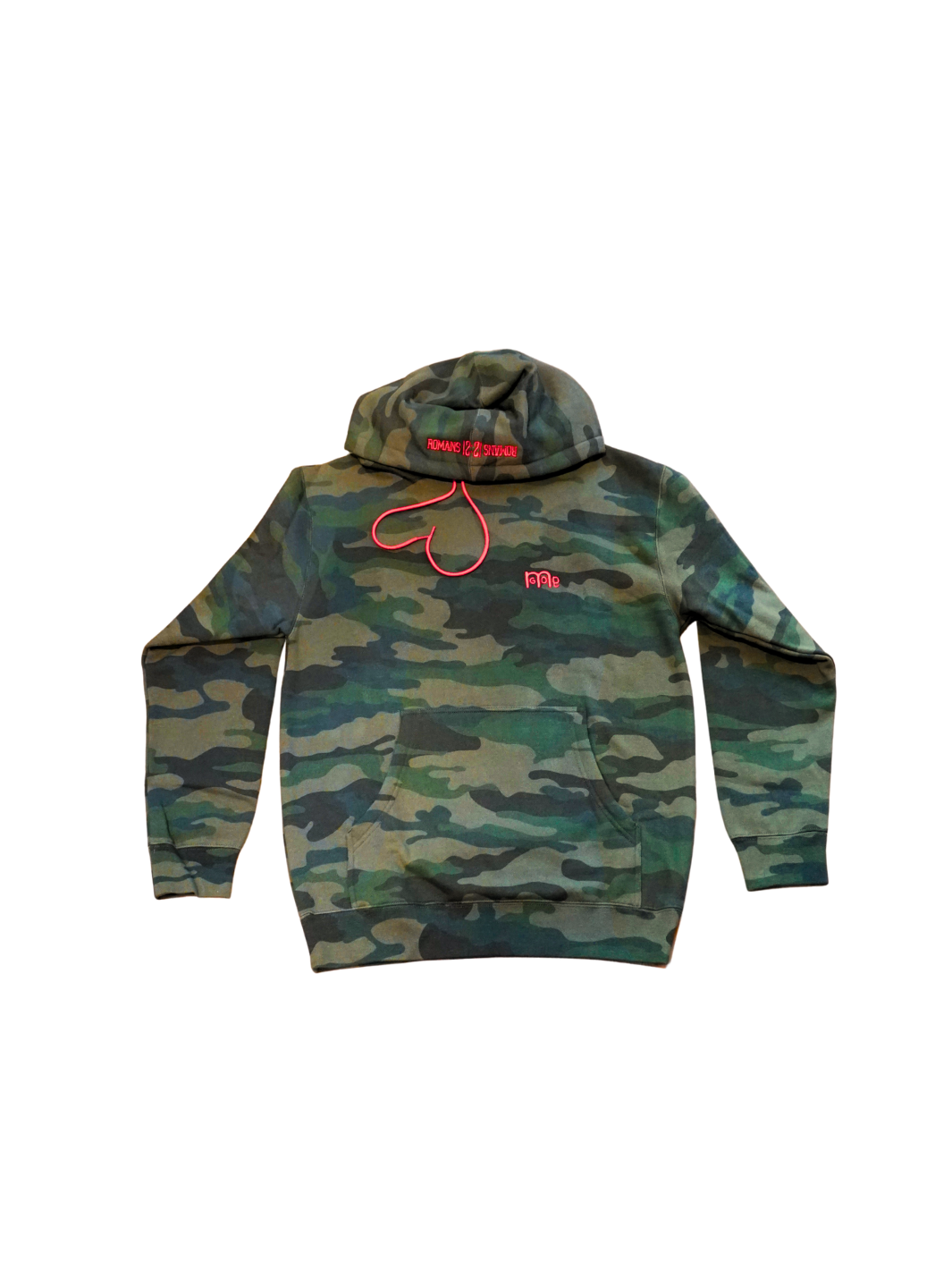 Green Camouflage Pullover Hoodie with Red drawcord, embroidered GODinme logo at left chest and ROMANS 12 : 21 on hood. Both embroideries are in Red.