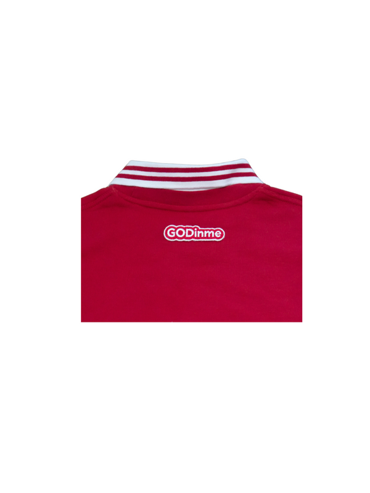 Incredibly comfortable and stylish Oversized Collared Crewneck in Red with attached collar. The GODinme patches on front and back represent your Faith boldly.