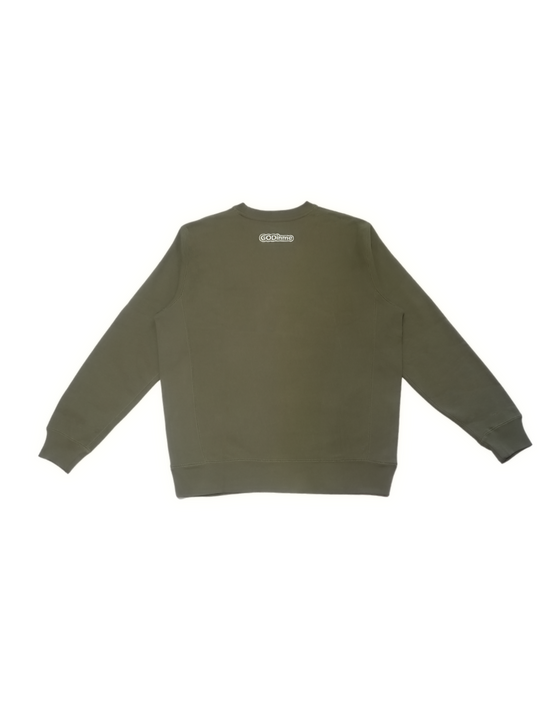 Olive Green Crewneck with premium cross grain design to ensure long-lasting comfort and wear. Featuring logo at left front and GODinme on the back.