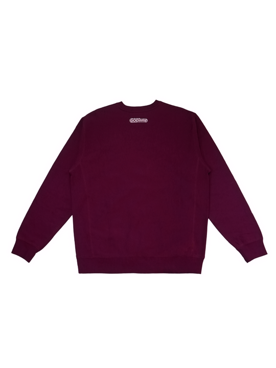 Burgundy Crewneck with premium cross grain design to ensure long-lasting comfort and wear. Featuring logo at left front and GODinme on the back.