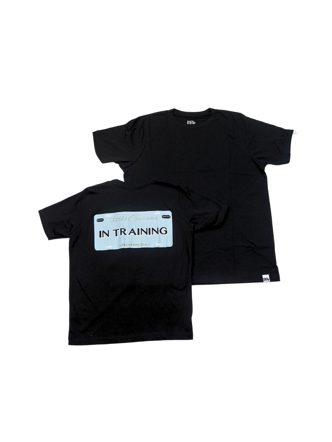 Black T-shirt with "In Training" and Proverbs 22:6 printed within license plate design on back and woven GODinme tag attached to bottom front 