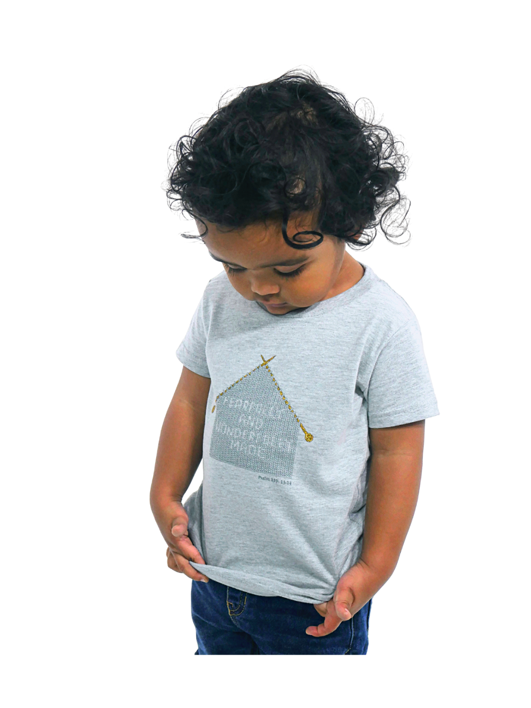 Grey Toddler T-Shirt with "Fearfully and Wonderfully Made" printed on front and woven GODinme logo tag sewn on bottom left 