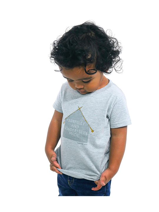 Grey Toddler T-Shirt with "Fearfully and Wonderfully Made" printed on front and woven GODinme logo tag sewn on bottom left 