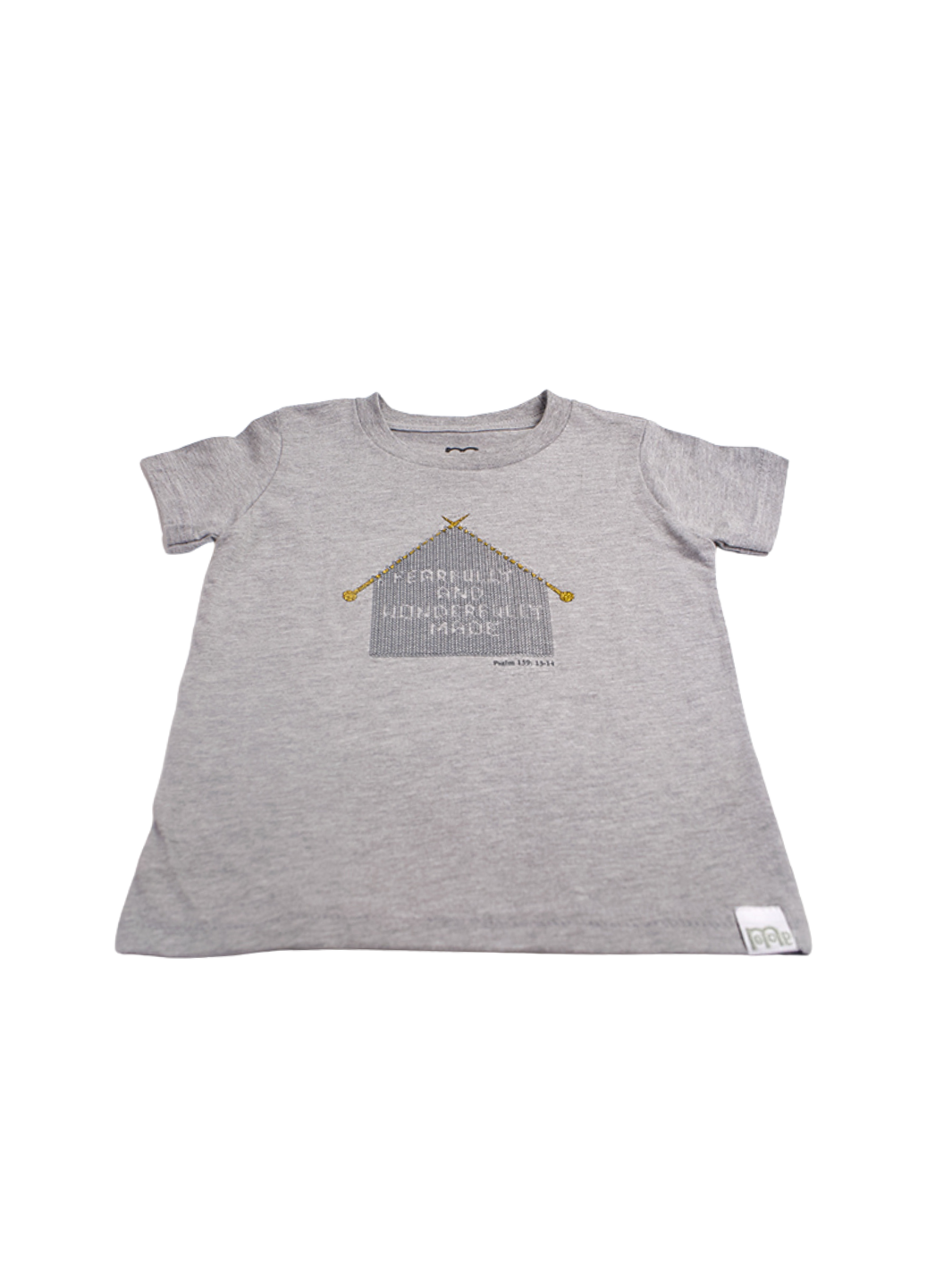 Grey Toddler T-Shirt with "Fearfully and Wonderfully Made" printed on front and woven GODinme logo tag sewn on bottom left 