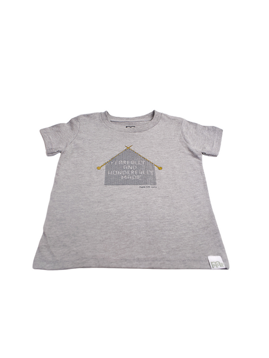 Grey Toddler T-Shirt with "Fearfully and Wonderfully Made" printed on front and woven GODinme logo tag sewn on bottom left 
