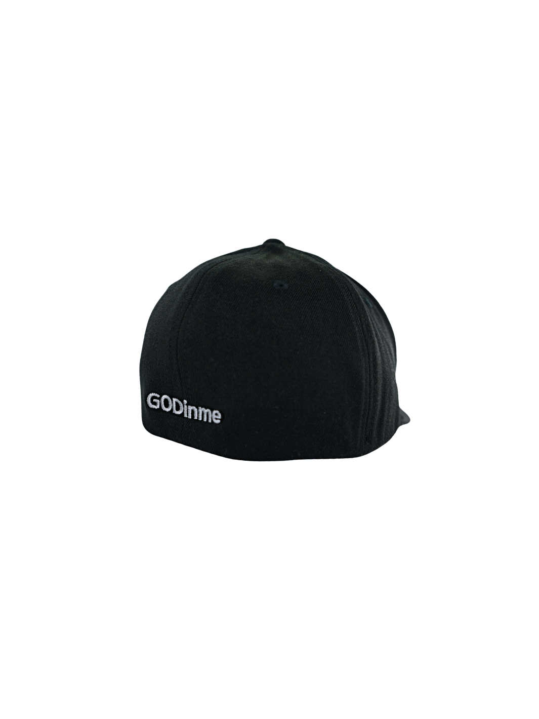 Smooth and sleek Black 6 panel Fitted Hat has curved Silver under visor with puff style GODinme logo embroidered in Grey on front and flat style GODinme name embroidered on back.
