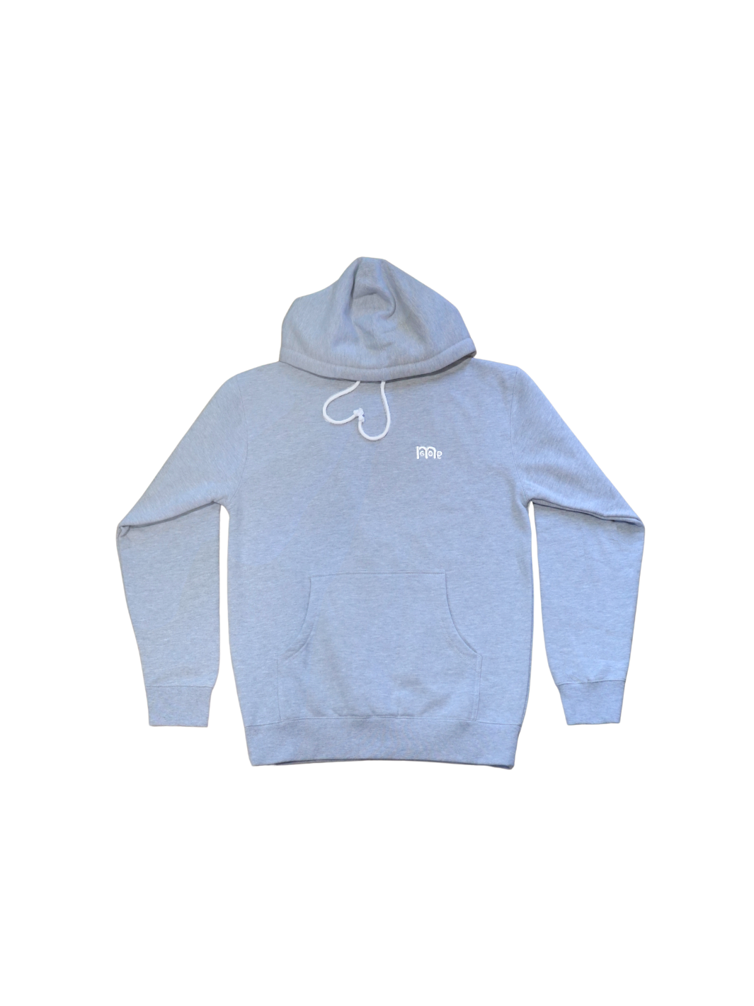 Grey Pullover Hoodie with White embroidered GODinme logo at left chest.