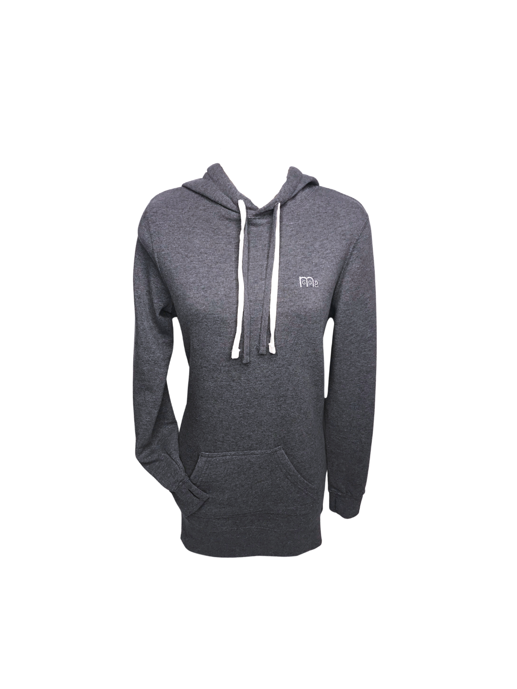 Women’s gray GODinme Hoodie Dress shown from the front with embroidered logo at chest, drawstring hood and relaxed fit.