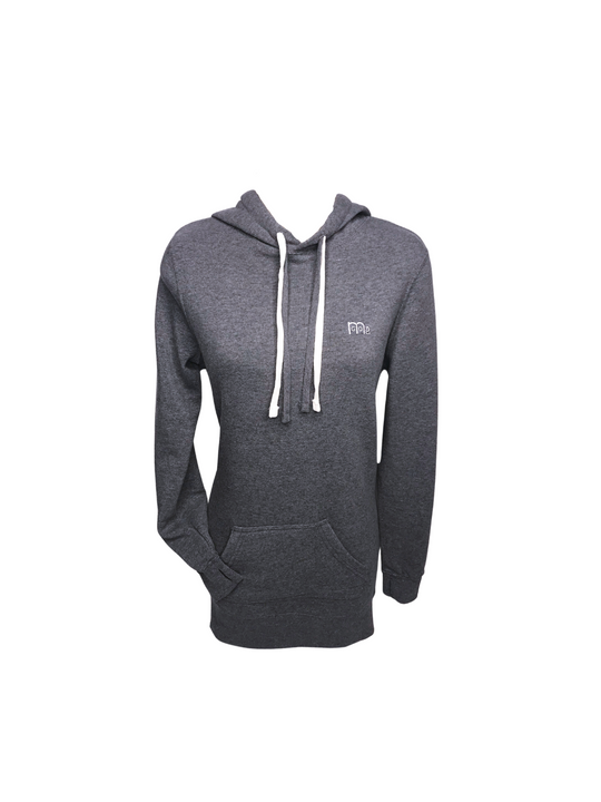 Women’s gray GODinme Hoodie Dress shown from the front with embroidered logo at chest, drawstring hood and relaxed fit.
