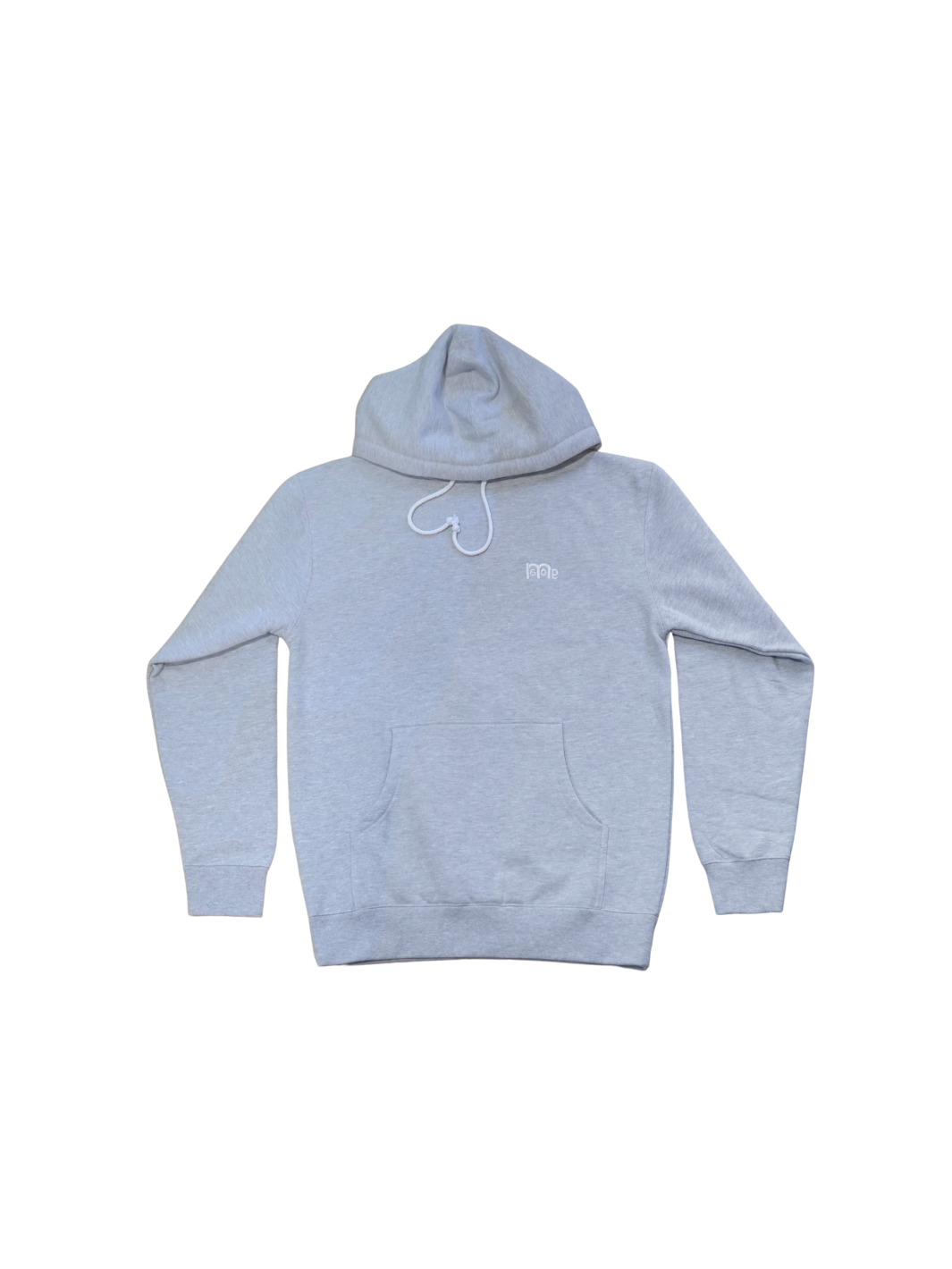 Grey Pullover Hoodie with White embroidered GODinme logo at left chest.