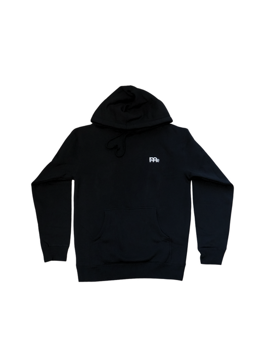 Black Pullover Hoodie with White embroidered GODinme logo at left chest.