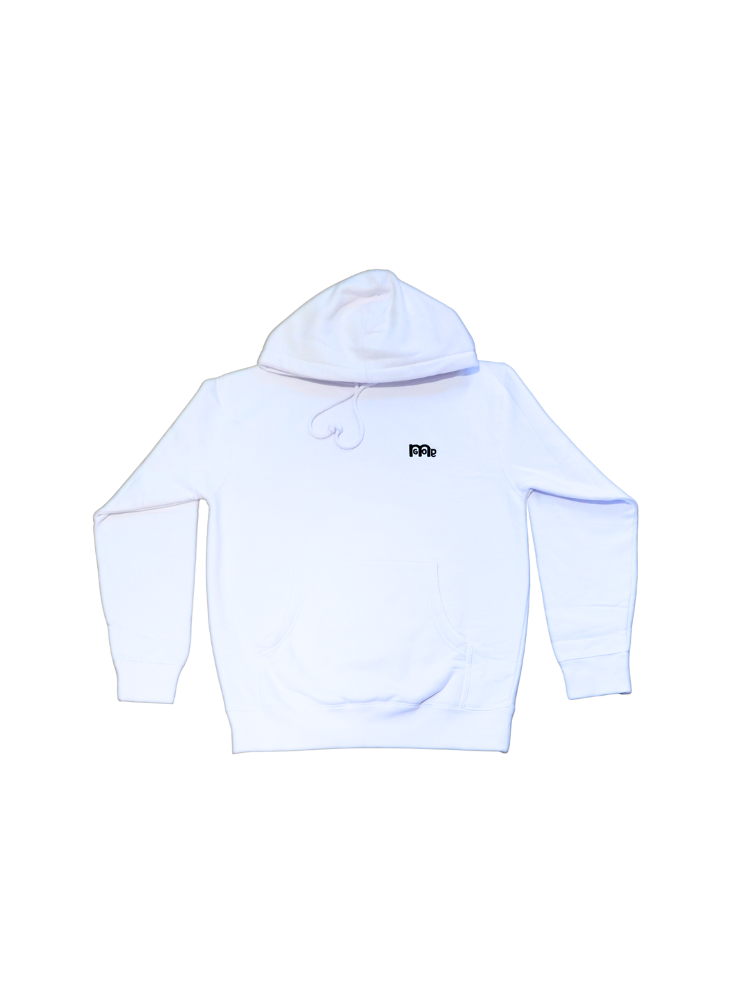 White Pullover Hoodie with Black embroidered GODinme logo at left chest.