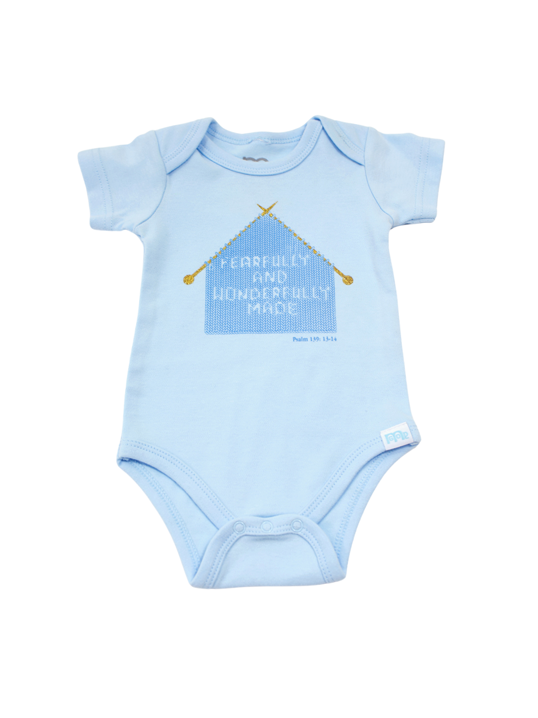 Blue Infant Onesie with "Fearfully and Wonderfully Made" printed on front and woven tag GODinme logo at left leg.