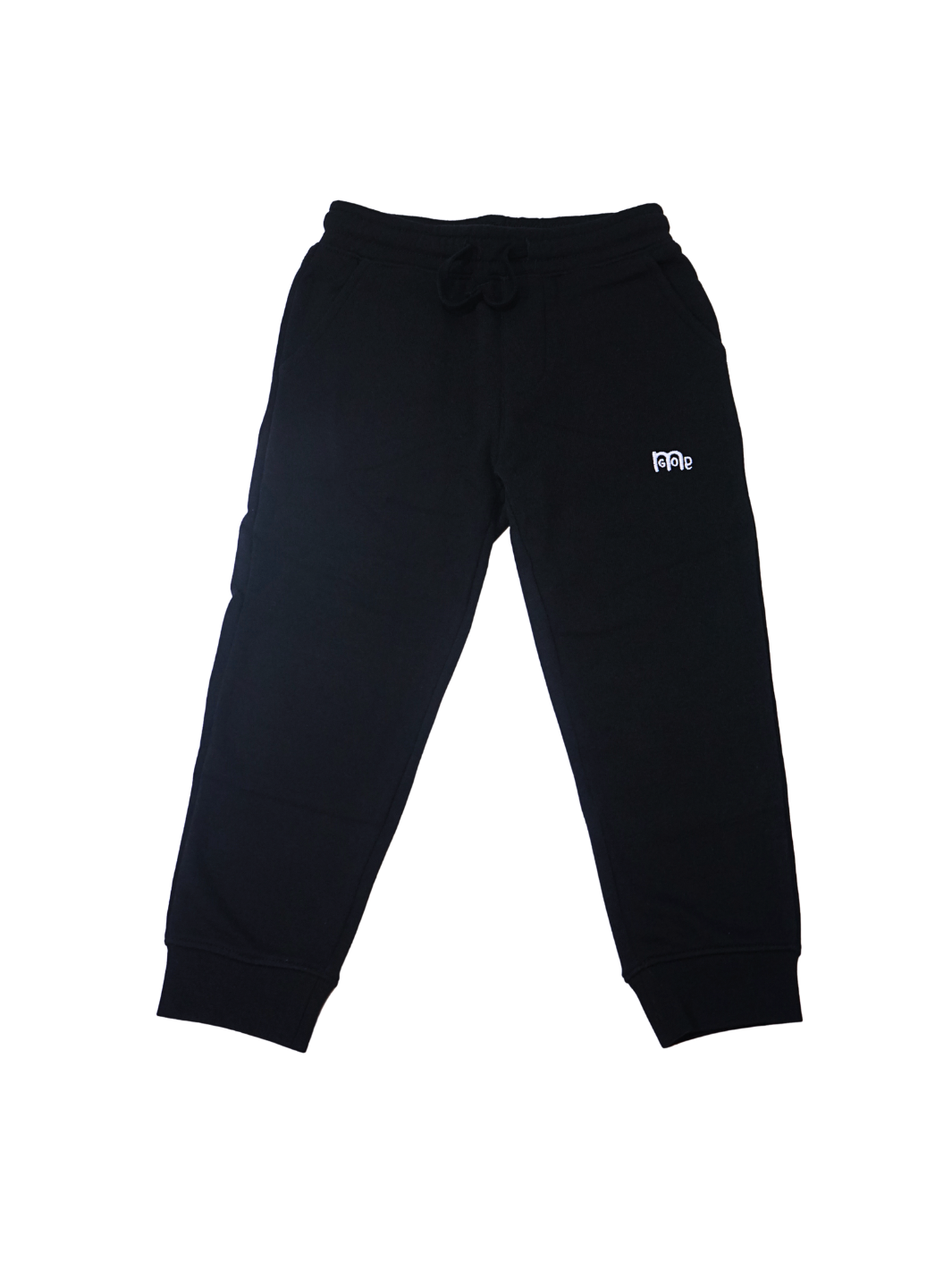 Toddler size Black jogger Sweatpants with elastic waistband, sewn fly detail, jersey-lined front pockets, stylish back pocket, and White GODinme logo.