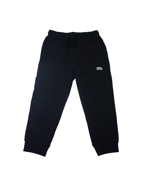 Toddler size Black jogger Sweatpants with elastic waistband, sewn fly detail, jersey-lined front pockets, stylish back pocket, and White GODinme logo.