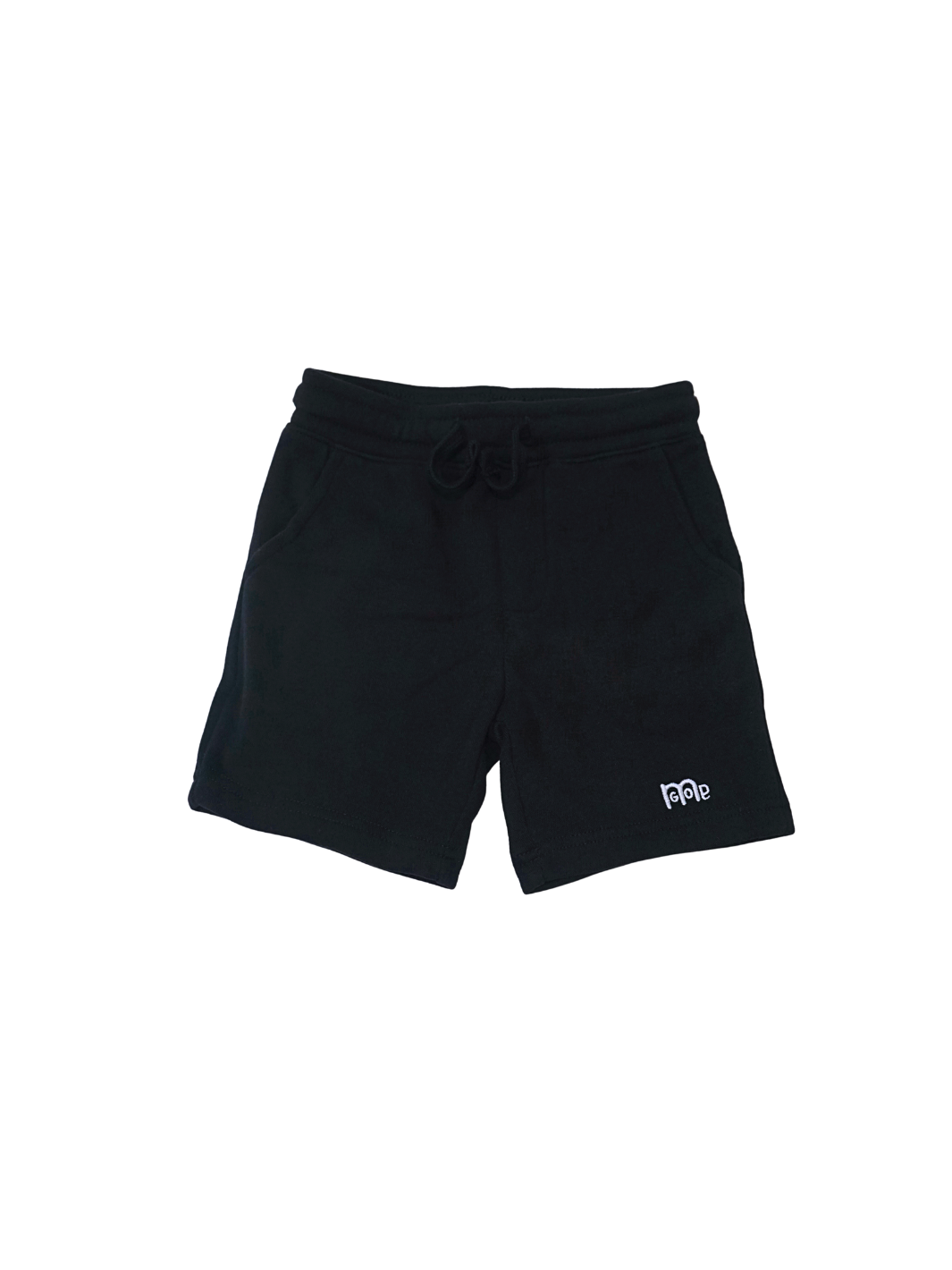 Toddler size Black Shorts with elastic waistband, sewn fly detail, jersey-lined front pockets, stylish back pocket, and White GODinme logo.
