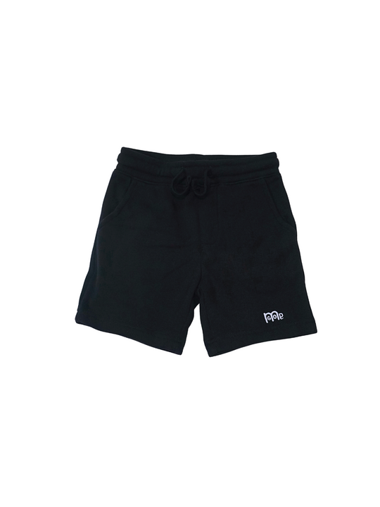 Toddler size Black Shorts with elastic waistband, sewn fly detail, jersey-lined front pockets, stylish back pocket, and White GODinme logo.