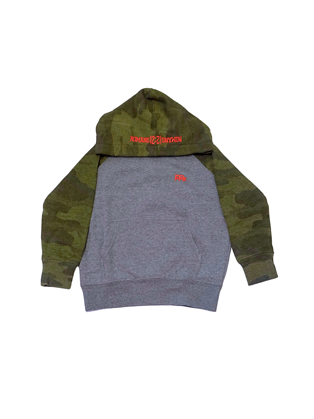 Toddler Grey Pullover Hoodie with Green Camouflage Hood and Sleeves, ROMANS 12 : 21 embroidered in Red on hood and GODinme logo embroidered in Red at left chest.