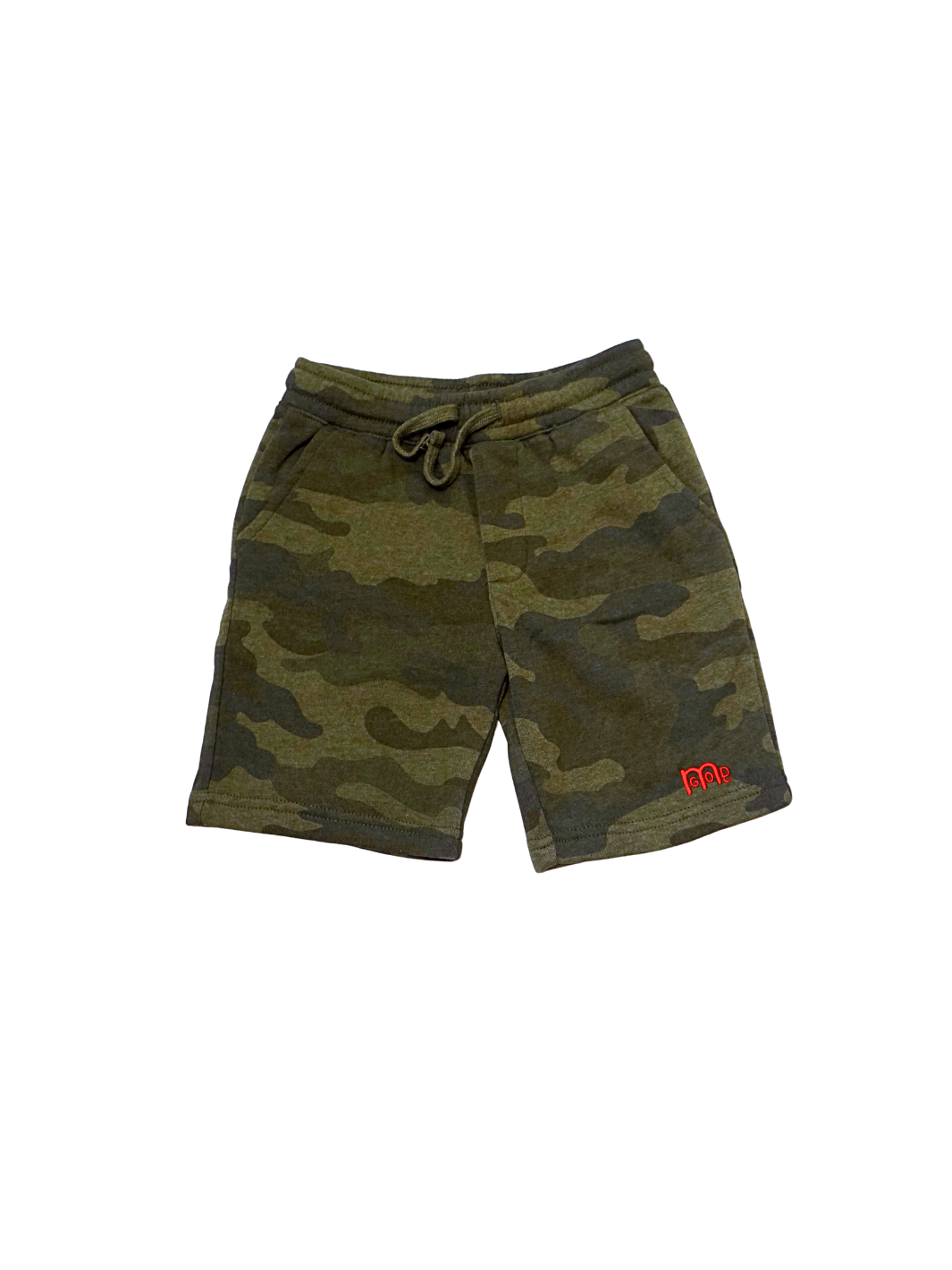 Toddler size Green Camouflage Shorts with elastic waistband, sewn fly detail, jersey-lined front pockets, stylish back pocket, and Red GODinme logo.