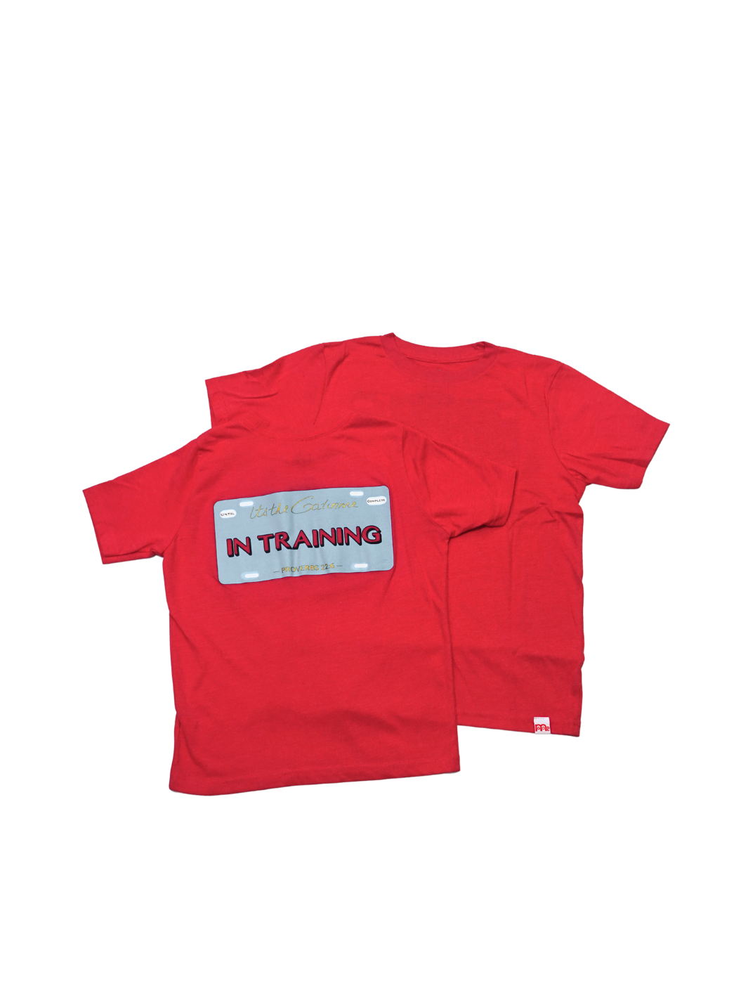 Red T-shirt with "In Training" and Proverbs 22:6 printed within license plate design on back and woven GODinme tag attached to bottom front 