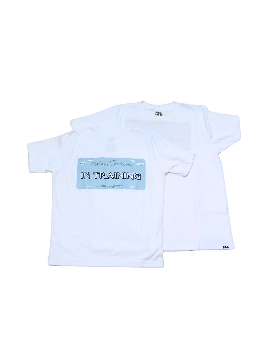 White T-shirt with "In Training" and Proverbs 22:6 printed within license plate design on back and woven GODinme tag attached to bottom front 