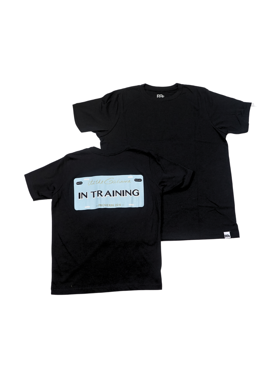 Black T-shirt with "In Training" and Proverbs 22:6 printed within license plate design on back and woven GODinme tag attached to bottom front 